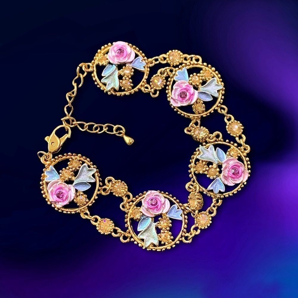 Vintage Rose Floral Enamel Open Work Crystal Bracelet Banana Bob Sample 8” +